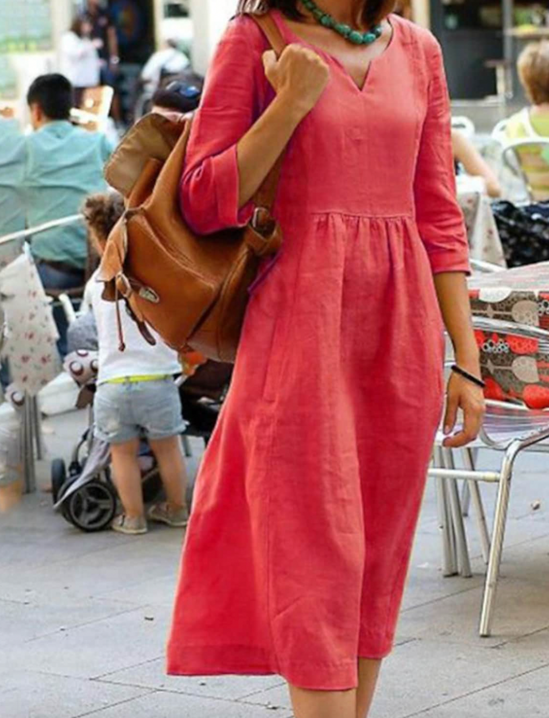 Womens Dress with 3/4 Sleeves, Flattering Fit, Comfortable Natural Fabric, Available in Multiple Colors