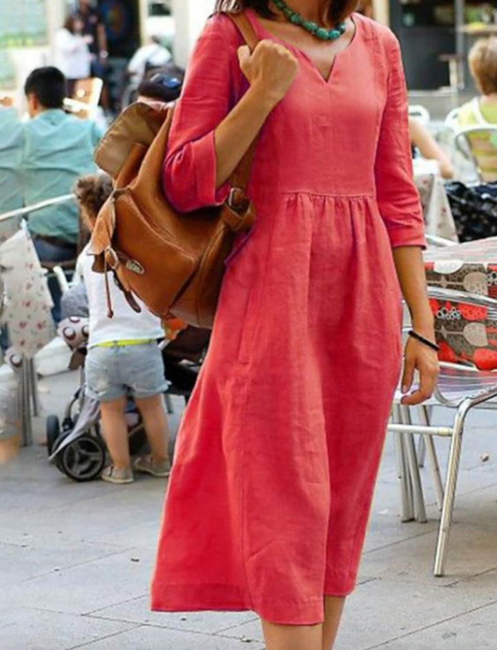 Womens Dress with 3/4 Sleeves, Flattering Fit, Comfortable Natural Fabric, Available in Multiple Colors