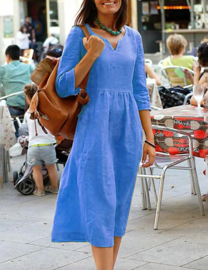 Womens Dress with 3/4 Sleeves, Flattering Fit, Comfortable Natural Fabric, Available in Multiple Colors