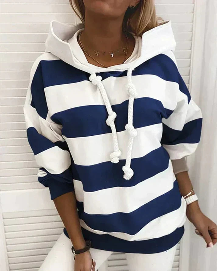 Soft Women’s Hooded Pullover - Striped Relaxed Cotton, Casual