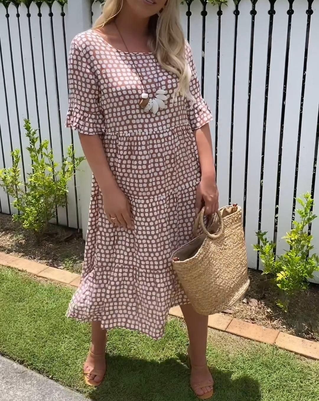 Short-Sleeve Midi Dress for Women in Polka Dot Design, Lightweight Breathable Fabric, Relaxed Fit for Summer Events