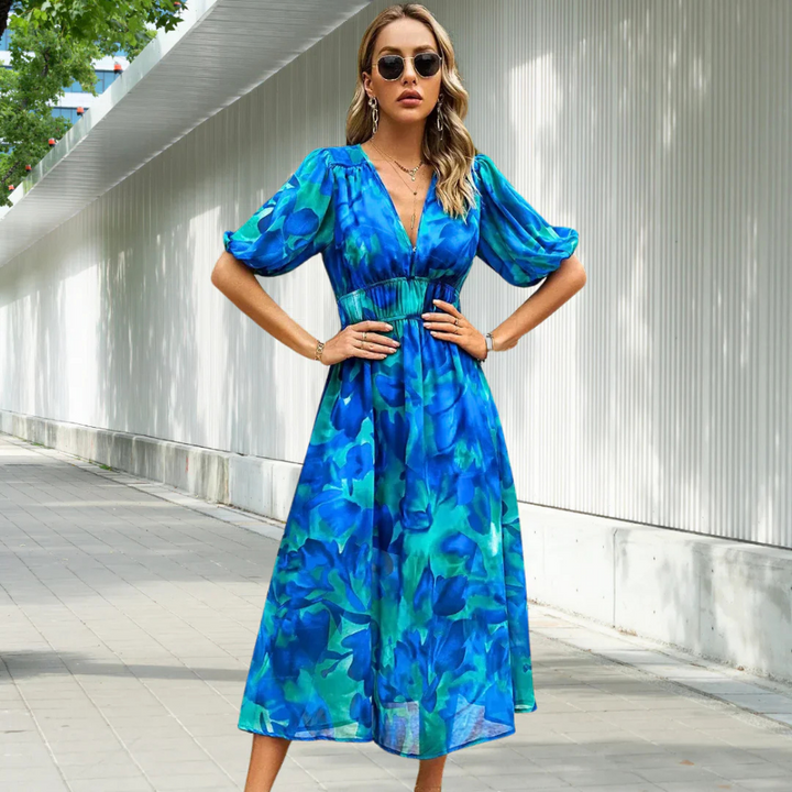Floral Summer Dress for Women with Puffed Sleeves and V-Neck - Perfect Wedding Guest Dress