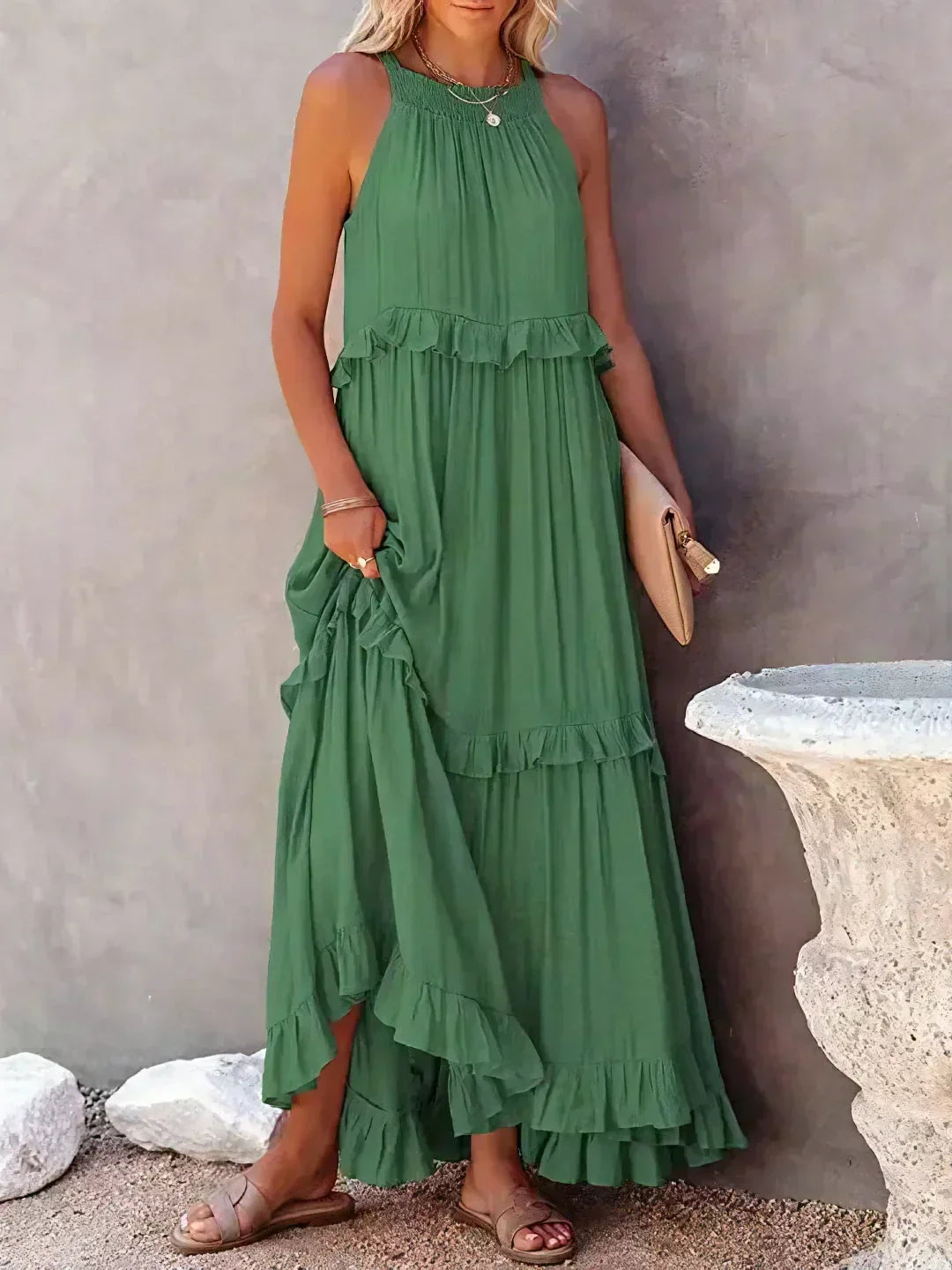 Elegant Halter Ruffle Floral Maxi Dress for Women, Lightweight Bohemian Long Dress, Flowing Fit