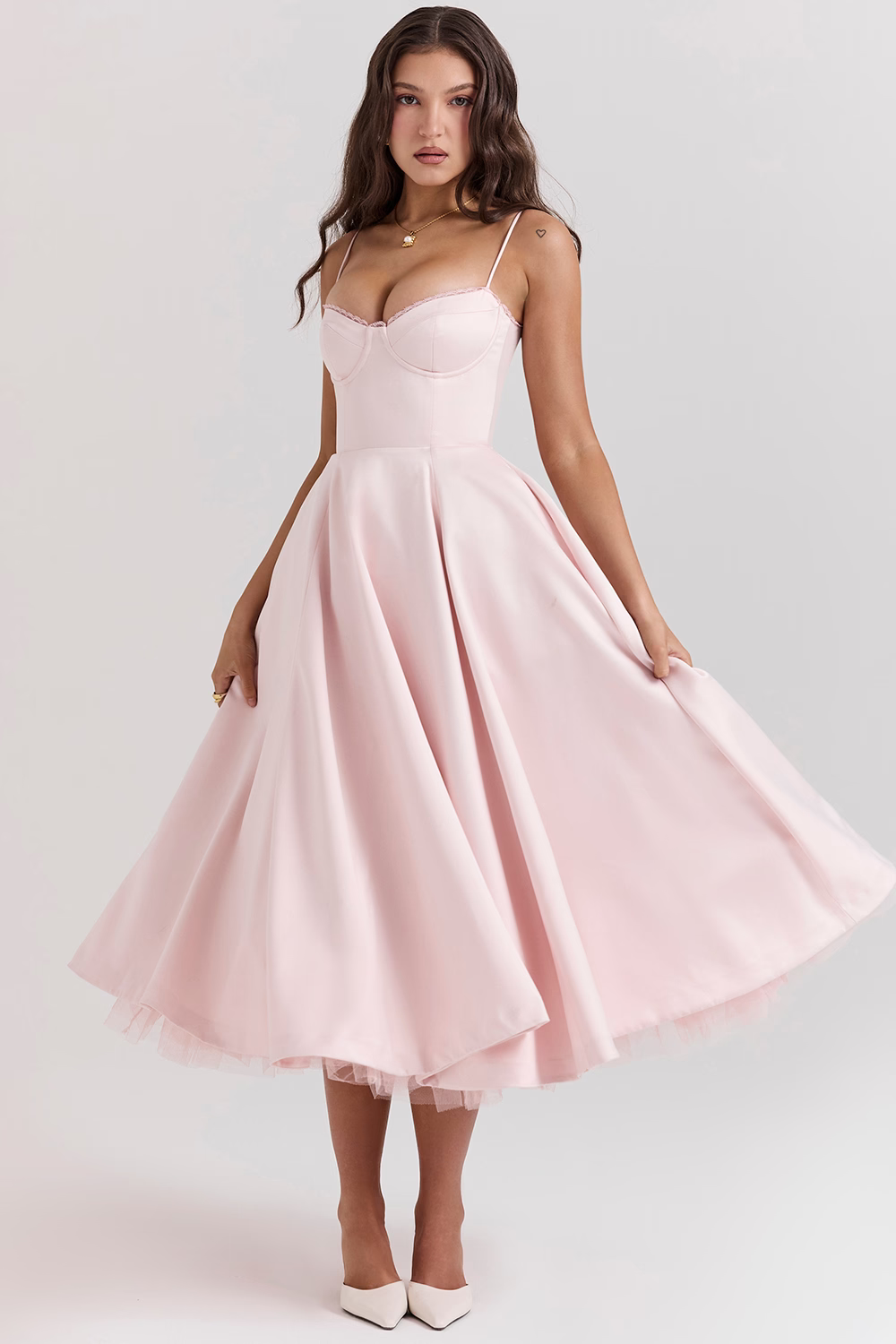 Elegant White Midi Dress with Spaghetti Straps and Tulle Skirt for Women - Perfect for Special Occasions