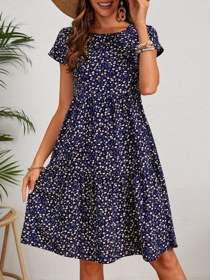 Vintage Floral Wedding Guest Dress with Circular Neckline and Short Sleeves