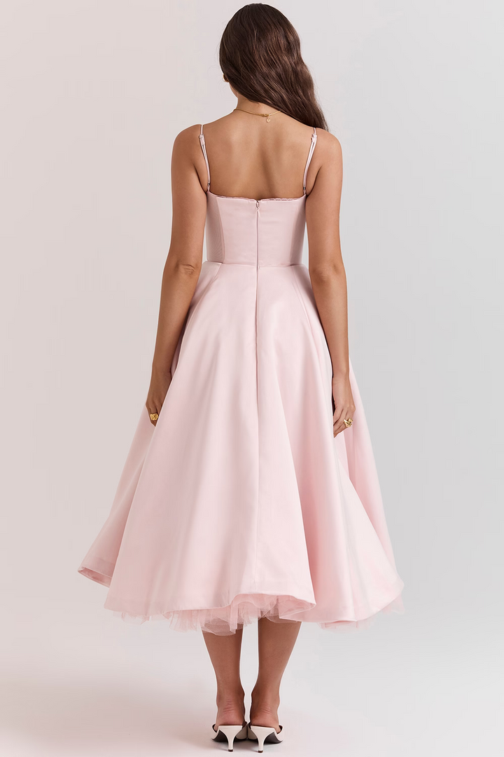 Elegant White Midi Dress with Spaghetti Straps and Tulle Skirt for Women - Perfect for Special Occasions