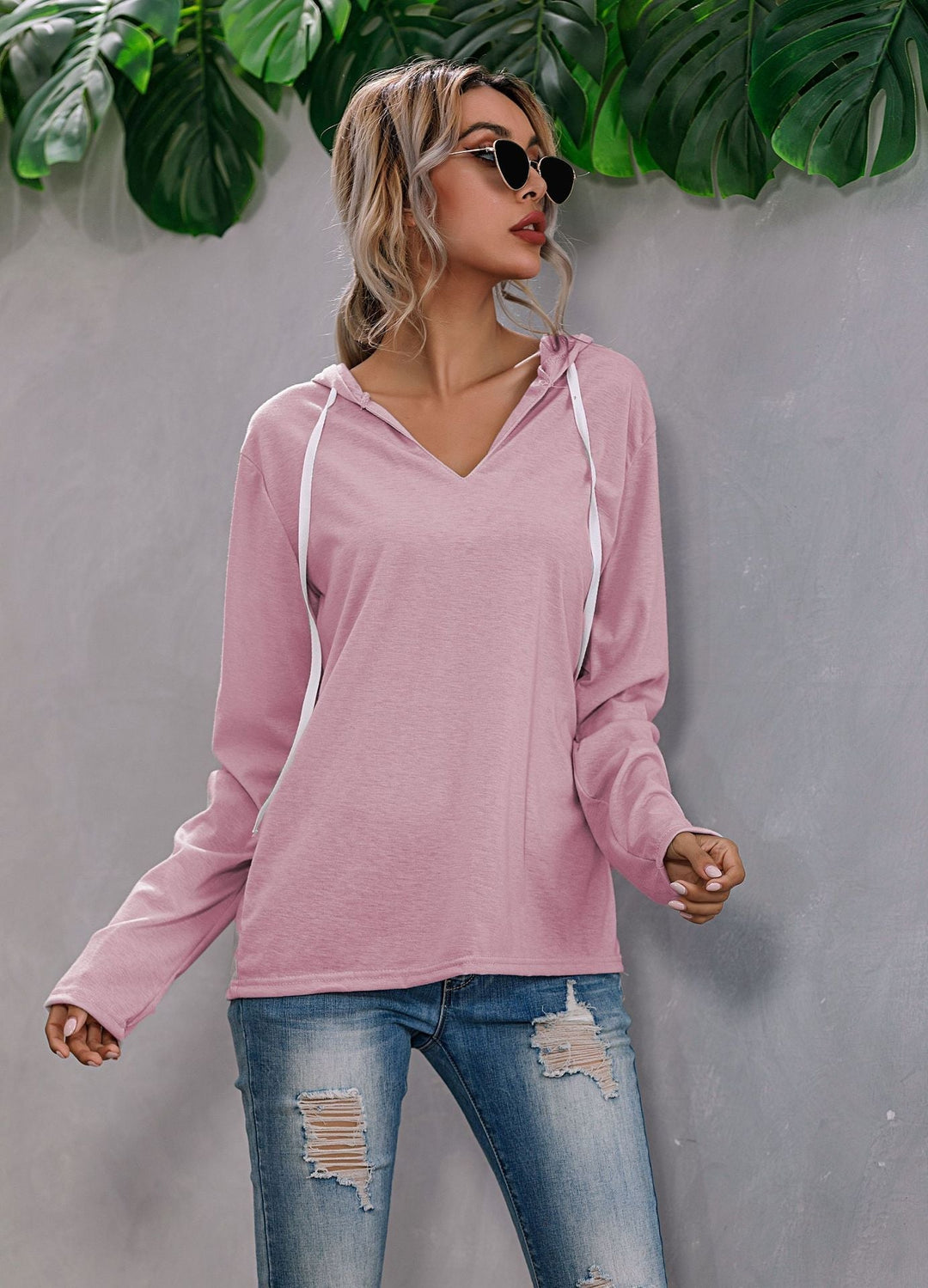 Lightweight Relaxed Womens Hoodie - V Neck, Knit, Everyday