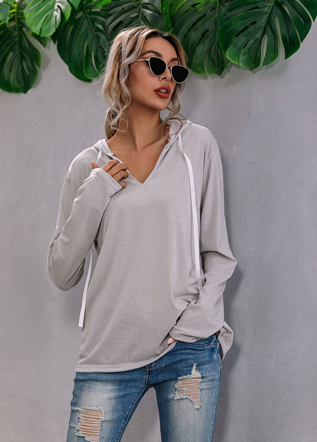Lightweight Relaxed Womens Hoodie - V Neck, Knit, Everyday