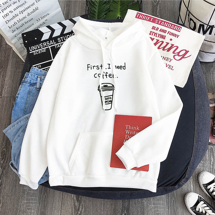 Oversized Cozy Womens Hoodie - Coffee Graphic Print, Fleece