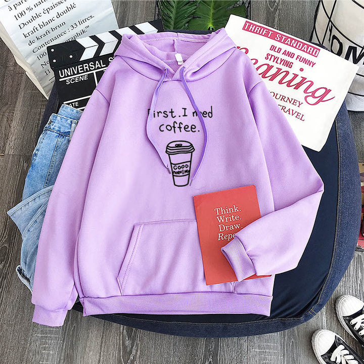 Oversized Cozy Womens Hoodie - Coffee Graphic Print, Fleece