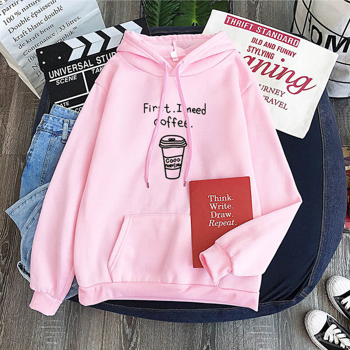 Oversized Cozy Womens Hoodie - Coffee Graphic Print, Fleece