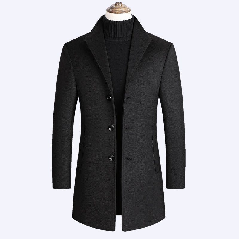 Warm Men’s Wool Coat - Single-Breasted Mid-Thigh, Winter