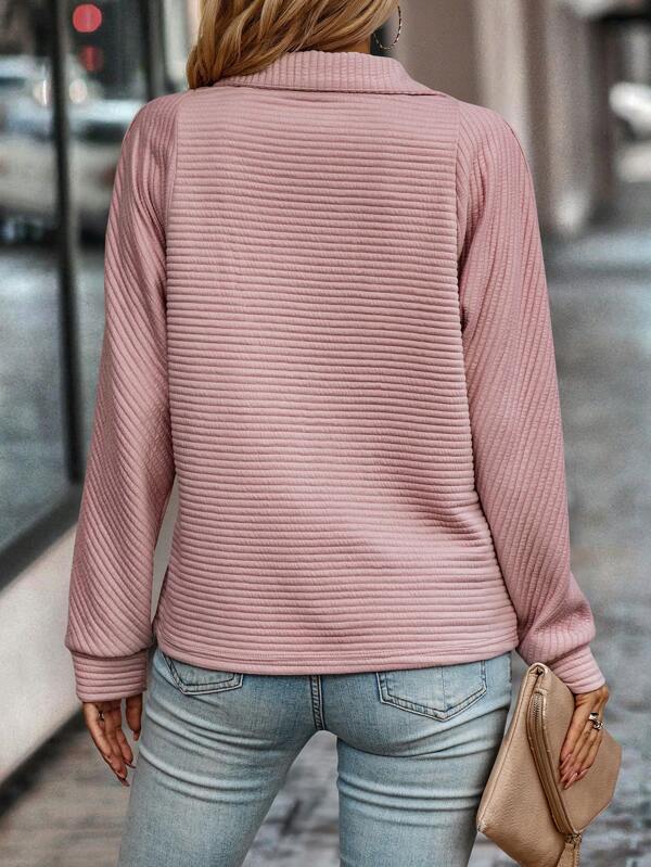 Soft Relaxed Womens Pullover - Ribbed Zip, Polyester, Casual