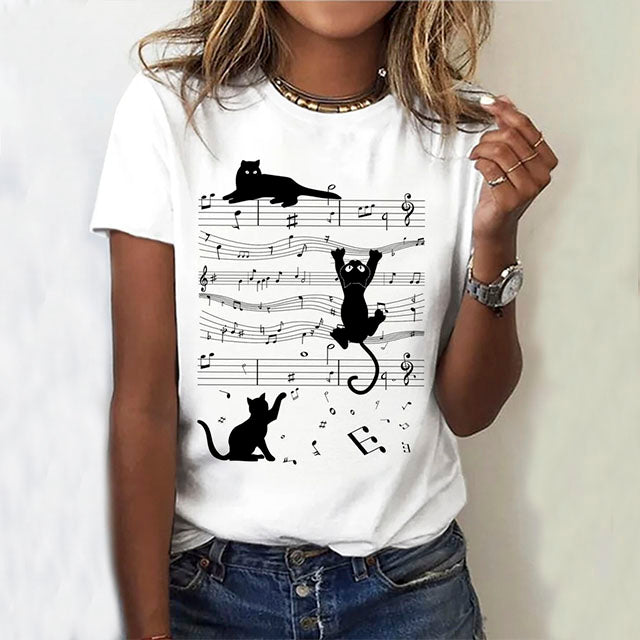 Creative Cat Print Mens T Shirt, Short Sleeve Cotton-Polyester Blend Graphic Tee for Spring and Summer Casual Wear