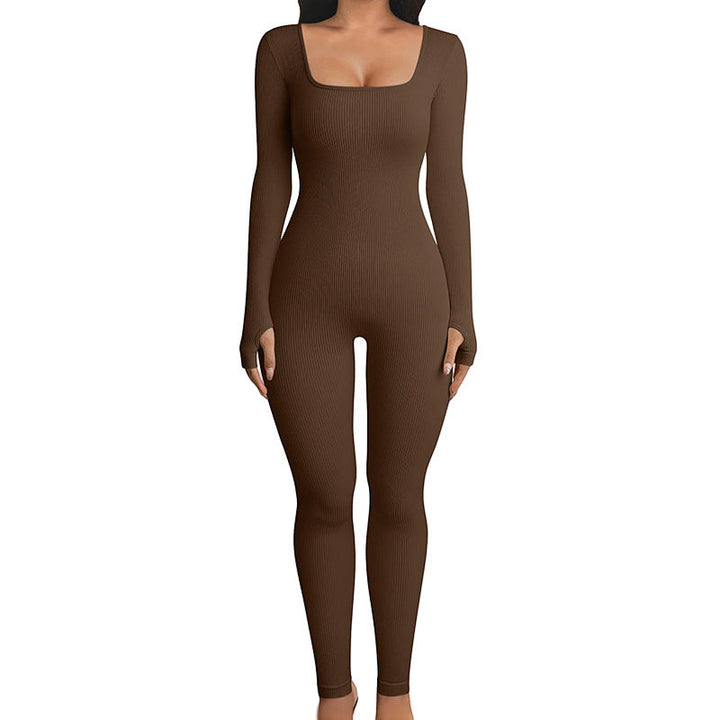 Stretchy Flattering Women’s Jumpsuit – Long Sleeve Square Neck, Ribbed Nylon-Spandex, Seamless Yoga Athleisure