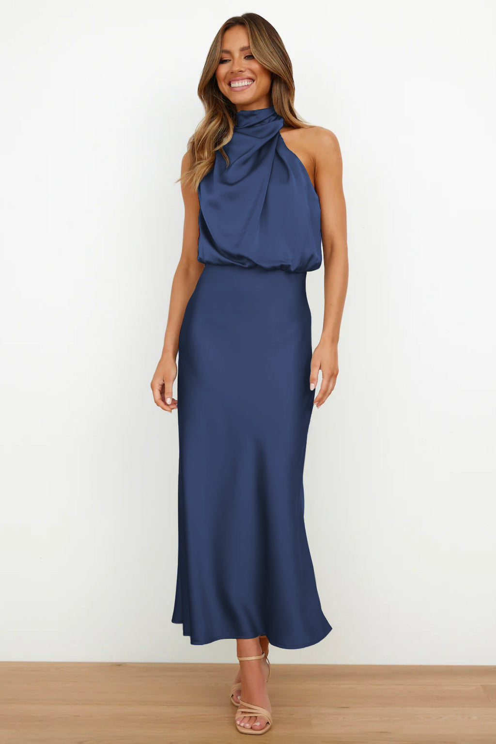 Long Satin Halterneck Formal Dress for Weddings and Elegant Occasions, Full-Length Evening Gown