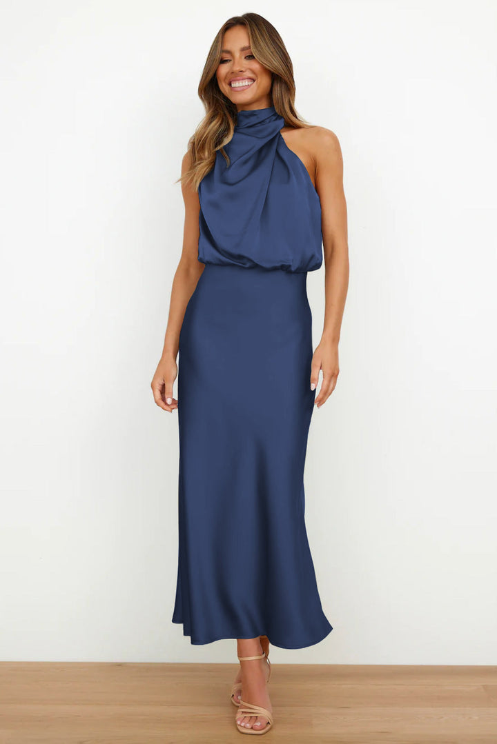 Long Satin Halterneck Formal Dress for Weddings and Elegant Occasions, Full-Length Evening Gown