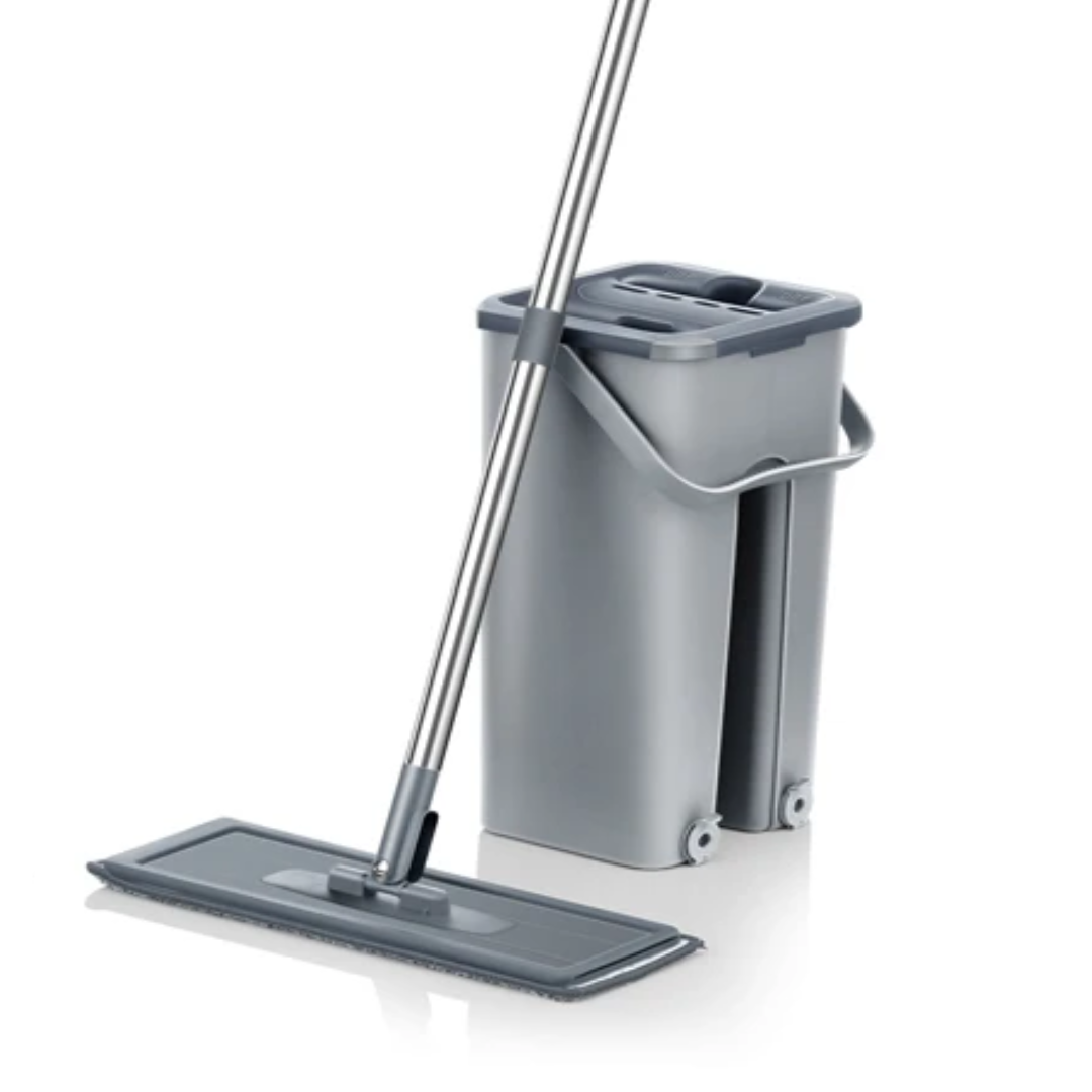 Household Cleaning Hand-Free Flat Floor Mop &amp; Bucket Set with Washable Microfiber 4x Pads
