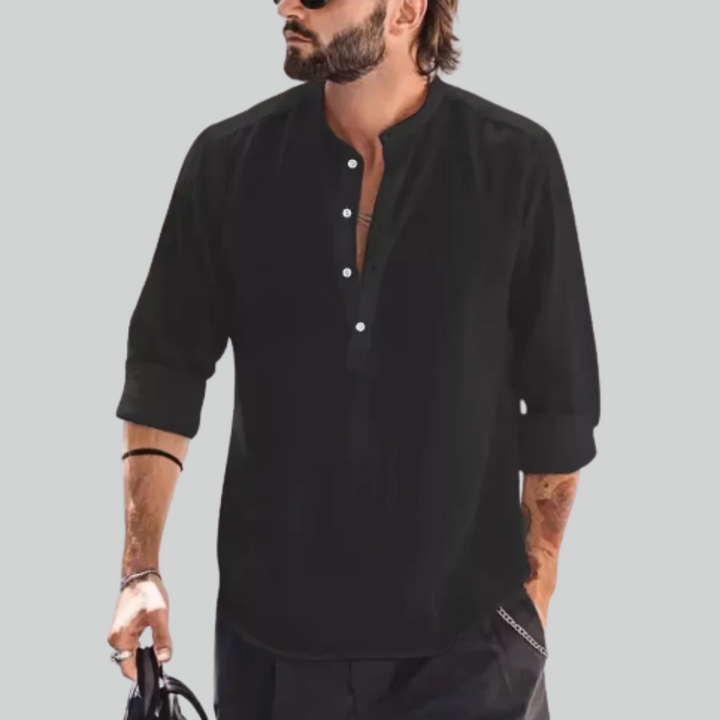 Casual Cotton Linen Shirt - Loose Tops, Long Sleeve, Henry Collar, Solid Blouse