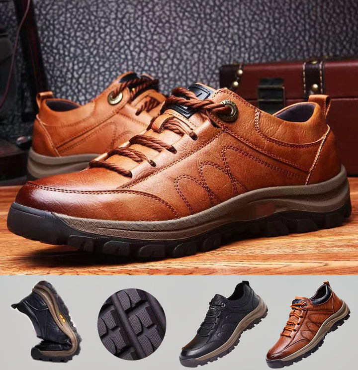 Hand-Sewn Leather Leisure Shoes for Men, Waterproof, Comfortable, Non-Slip Rubber Sole, Lightweight for Outdoor Activities