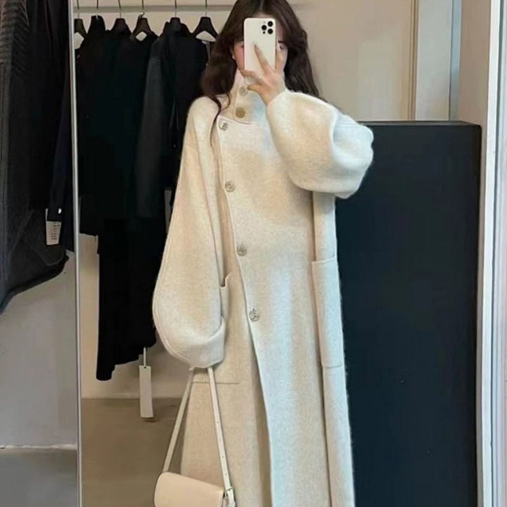 Warm Cozy Womens Wool Midlength Overcoat - Turtleneck Knit