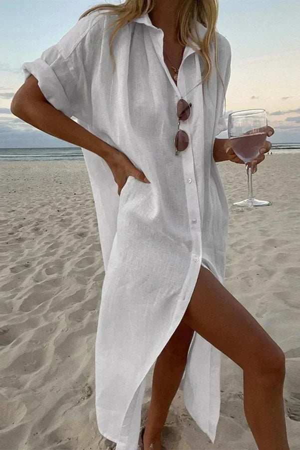 White Linen Summer Dress with Fold-Over Collar and Relaxed Fit for Women