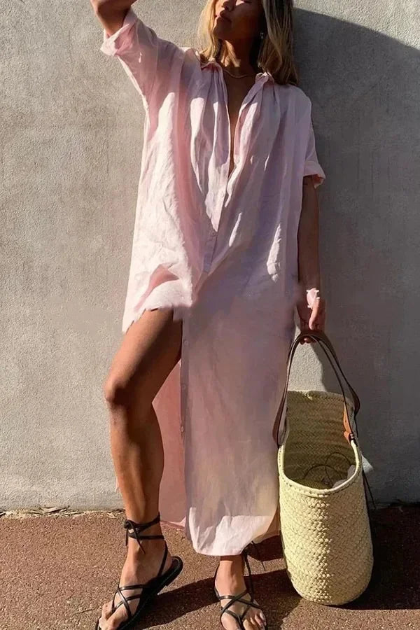 White Linen Summer Dress with Fold-Over Collar and Relaxed Fit for Women