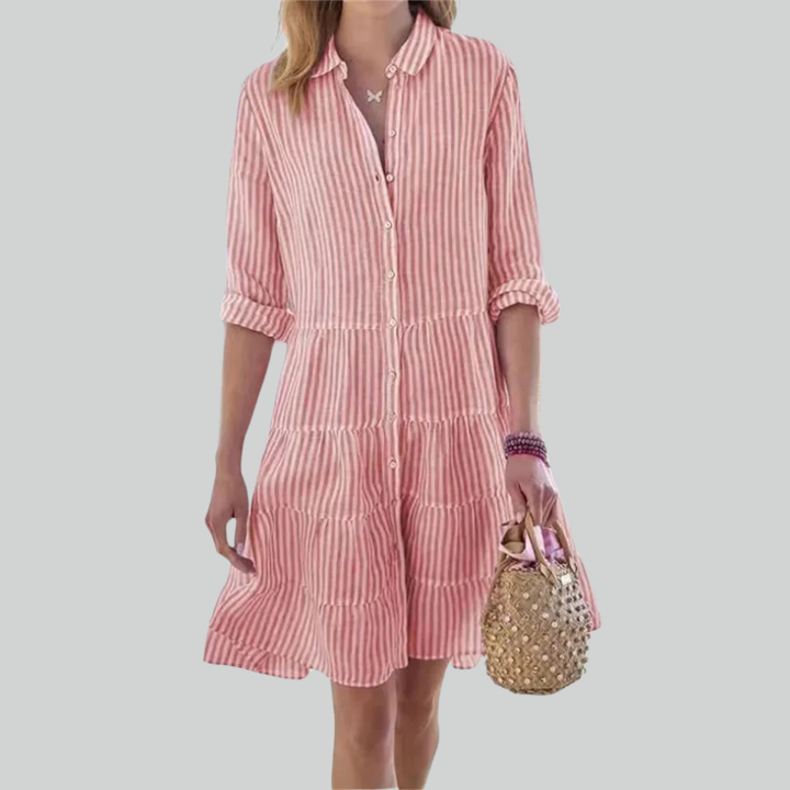Women Striped Print Long Sleeve Mini Dress, Commuter Lapel A-Line Shirt Dress
