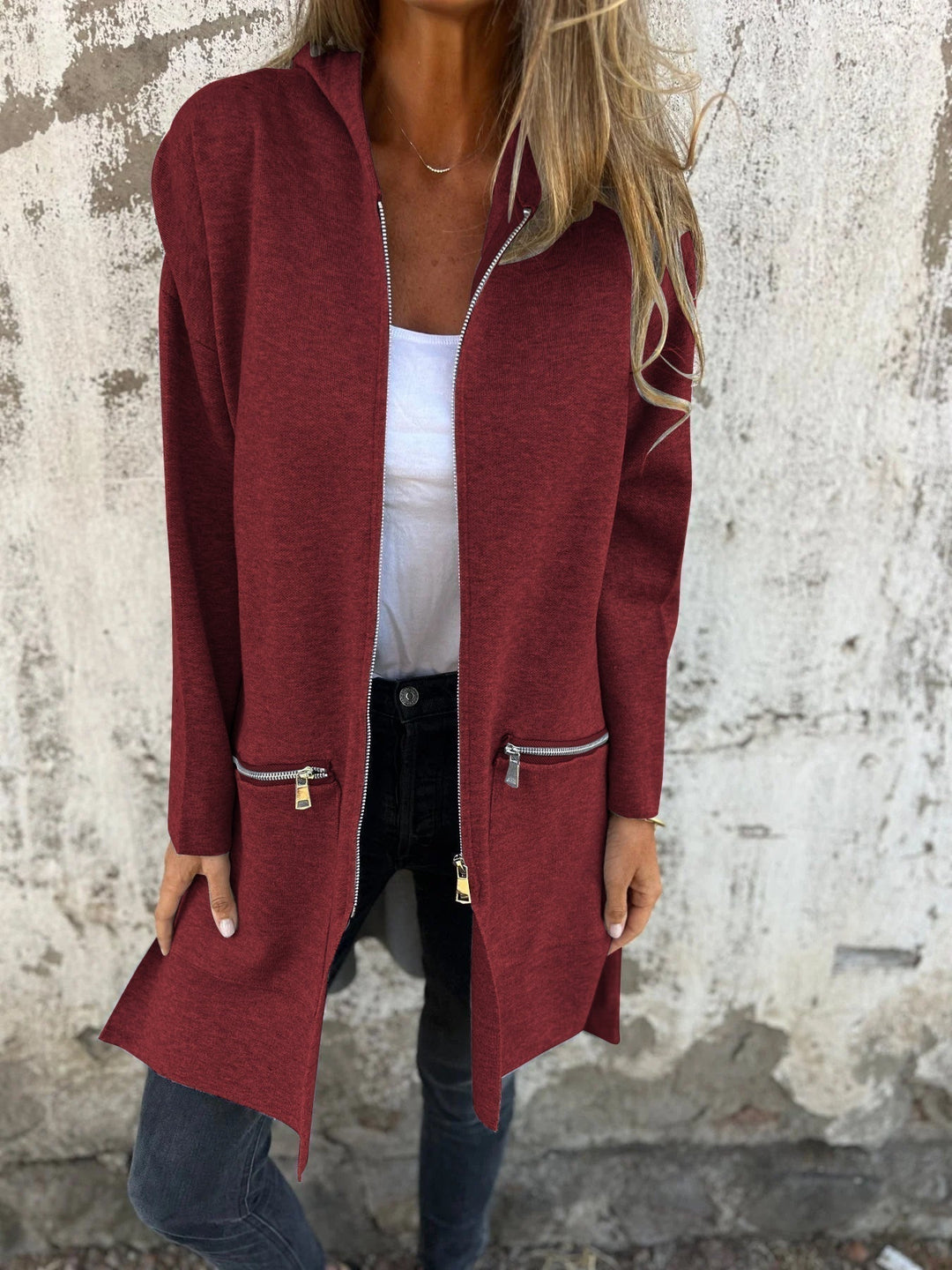 Lightweight Womens Long Hoodie - Fitted Zip Cotton Layering
