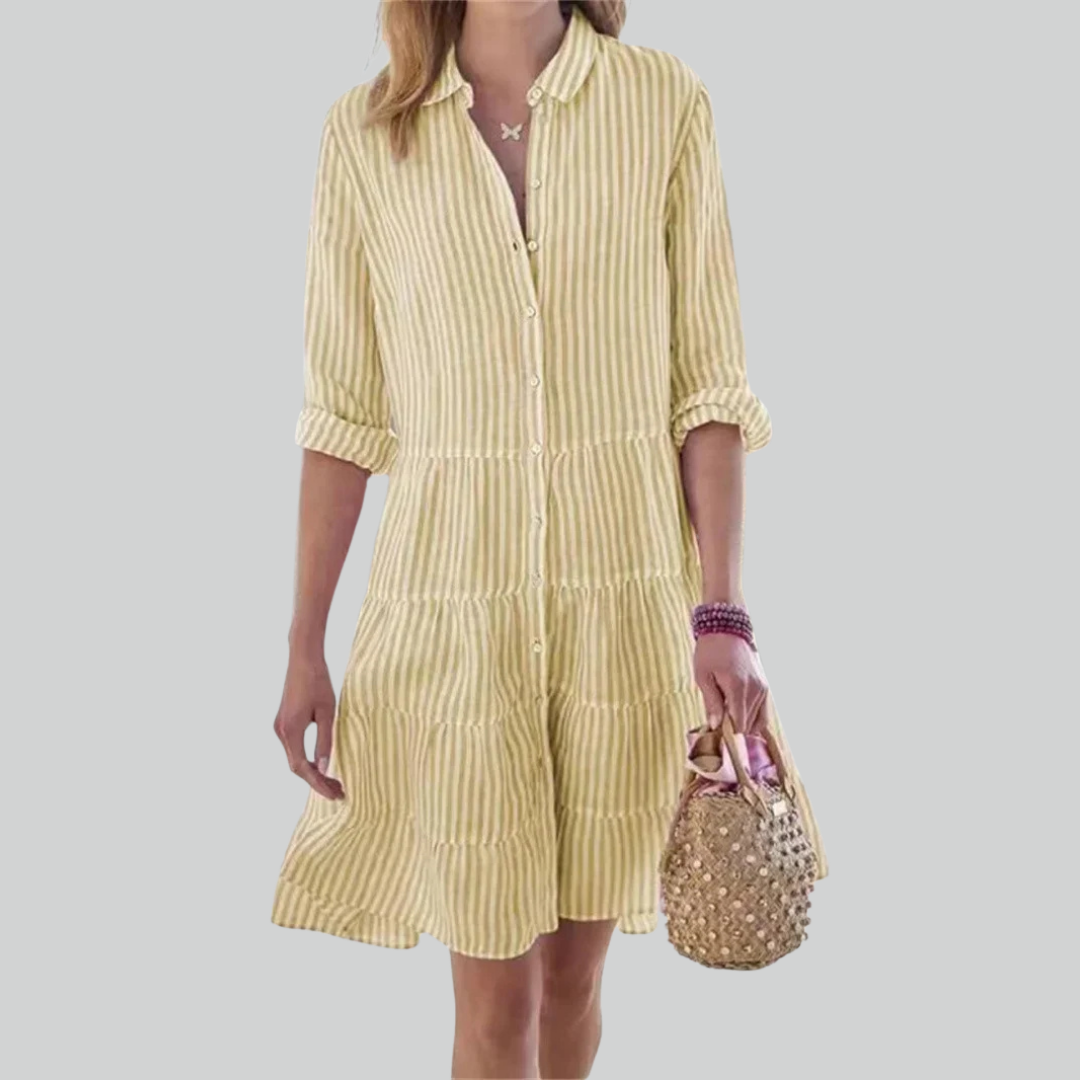 Women Striped Print Long Sleeve Mini Dress, Commuter Lapel A-Line Shirt Dress