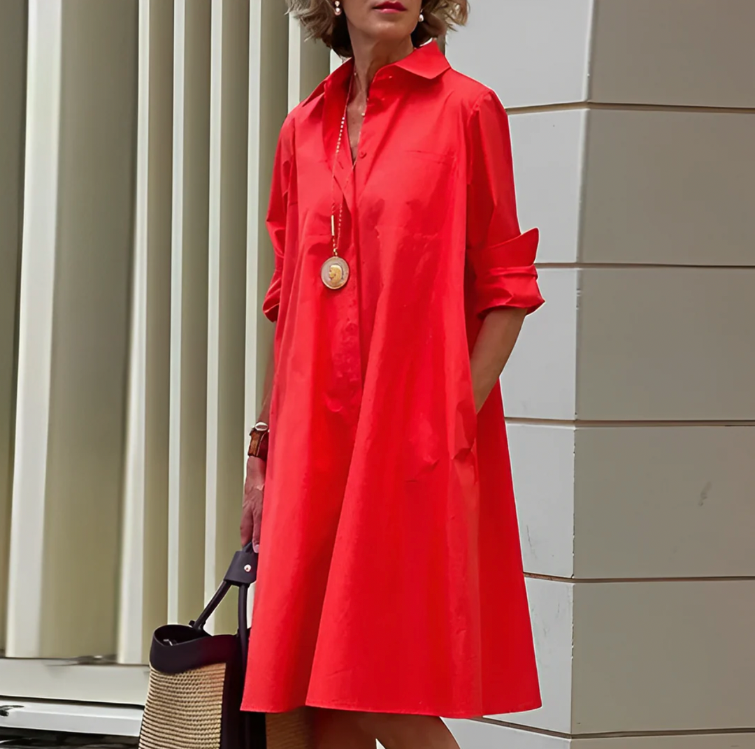 A-Line Polo Dress for Women with 3/4 Sleeves, Lightweight Spring Dress in Red, Black, and White