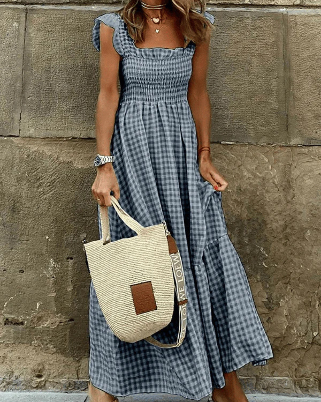 Maxi Summer Dress for Women with Elastic Top and Retro Caroma Pattern, Breathable Cotton, Perfect for Beach and City Outings
