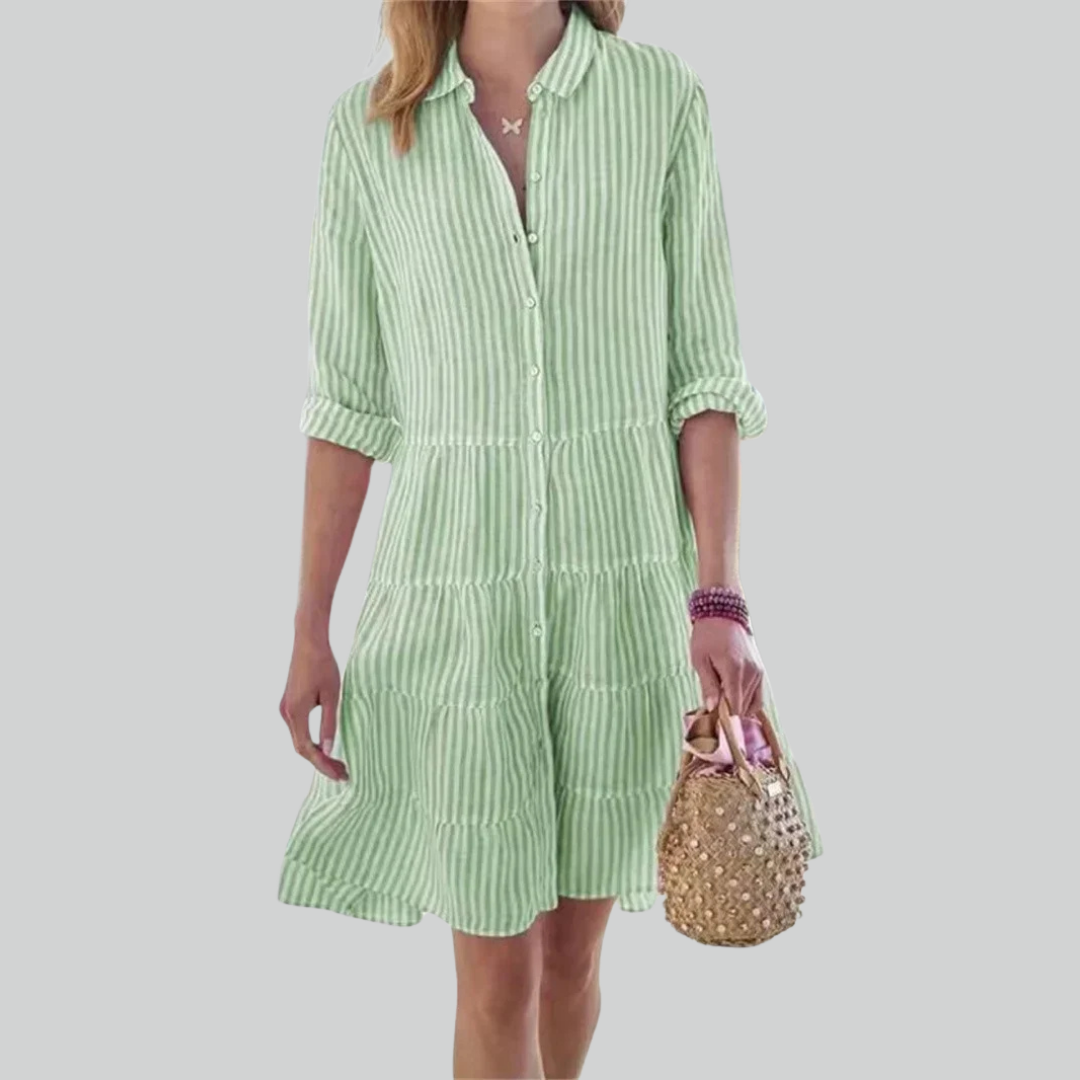 Women Striped Print Long Sleeve Mini Dress, Commuter Lapel A-Line Shirt Dress
