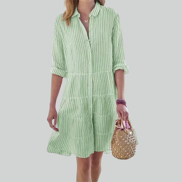 Women Striped Print Long Sleeve Mini Dress, Commuter Lapel A-Line Shirt Dress