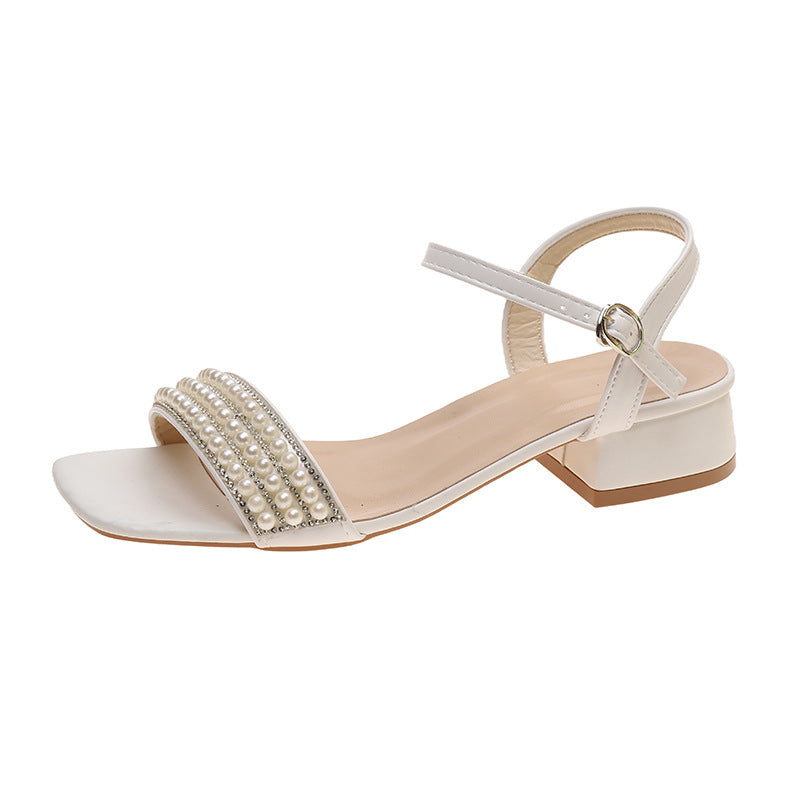 Lightweight Women’s Sandals - Mid-Heel Square Toe, Pearl-Embellished Straps, PU, For Summer