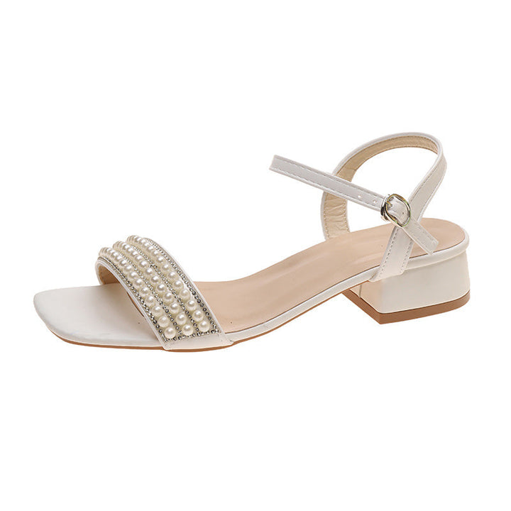 Lightweight Women’s Sandals - Mid-Heel Square Toe, Pearl-Embellished Straps, PU, For Summer