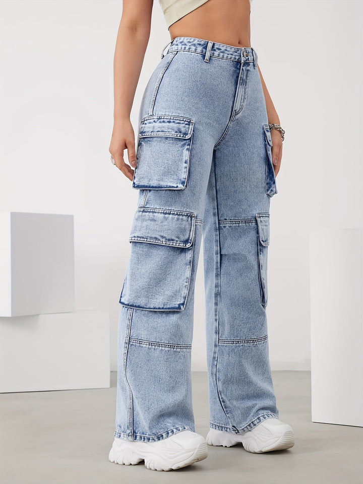 High-Waist Cargo Trousers for Women in Medium Blue, Stretch Fabric, Straight-Leg Fit, Stylish Snowflake Design