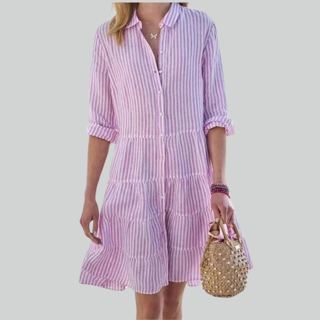 Women Striped Print Long Sleeve Mini Dress, Commuter Lapel A-Line Shirt Dress