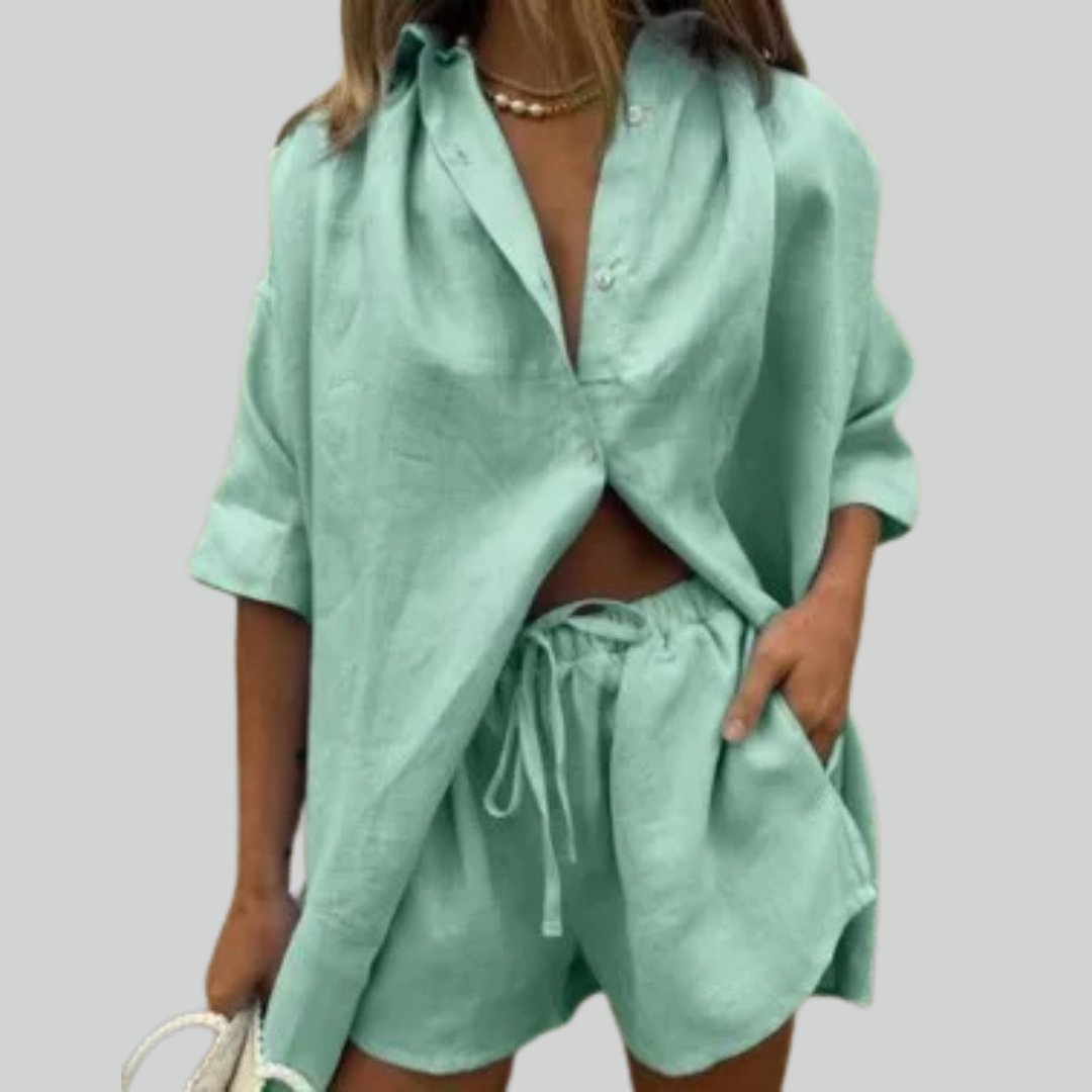 Fashion Solid Shirt Home Suits Casual Short Sleeve Tops &amp; Drawstring Shorts Set for Women