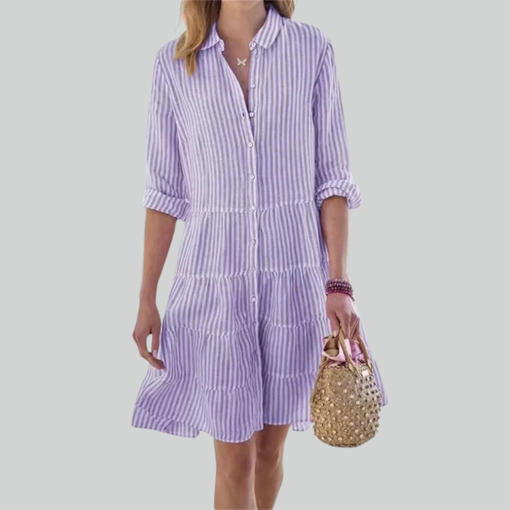 Women Striped Print Long Sleeve Mini Dress, Commuter Lapel A-Line Shirt Dress