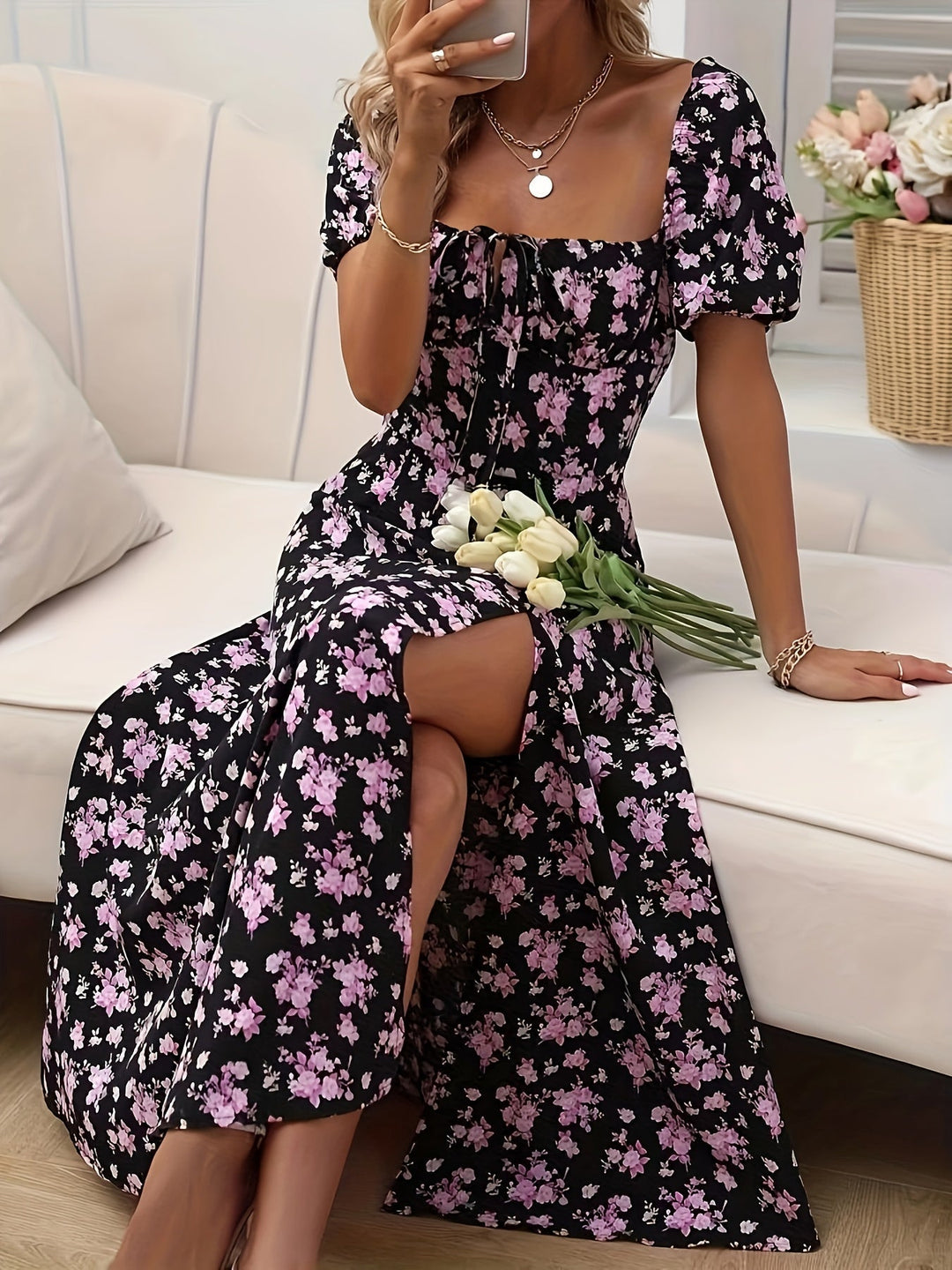 A-Line Floral Summer Dress with Puffed Sleeves for Women - Lightweight Formal Wedding Guest Dresses