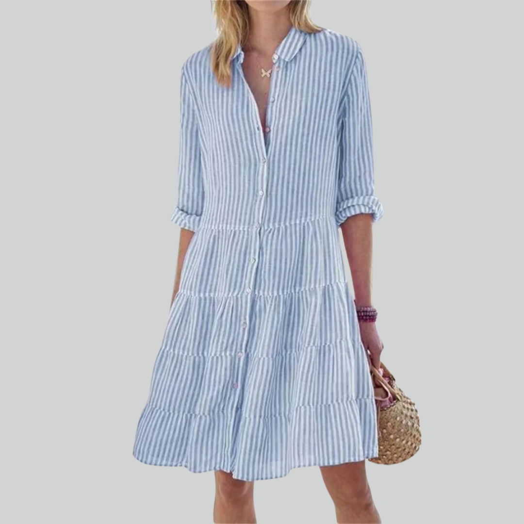 Women Striped Print Long Sleeve Mini Dress, Commuter Lapel A-Line Shirt Dress