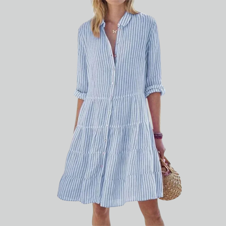 Women Striped Print Long Sleeve Mini Dress, Commuter Lapel A-Line Shirt Dress