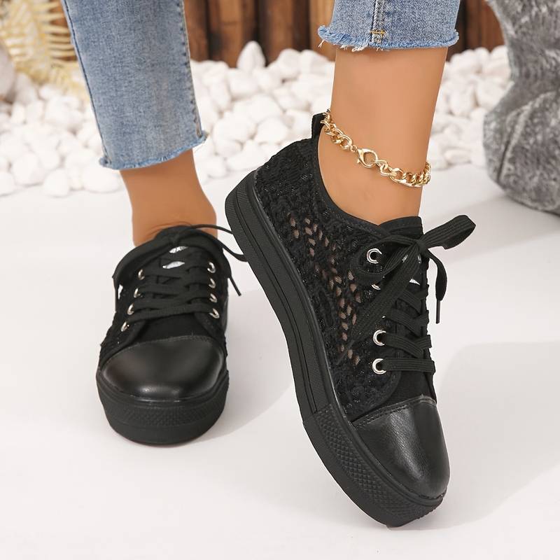 Chic Lace Sneakers for Women, Breathable and Comfortable Design in Black and White, Padded Interior for All-Day Support