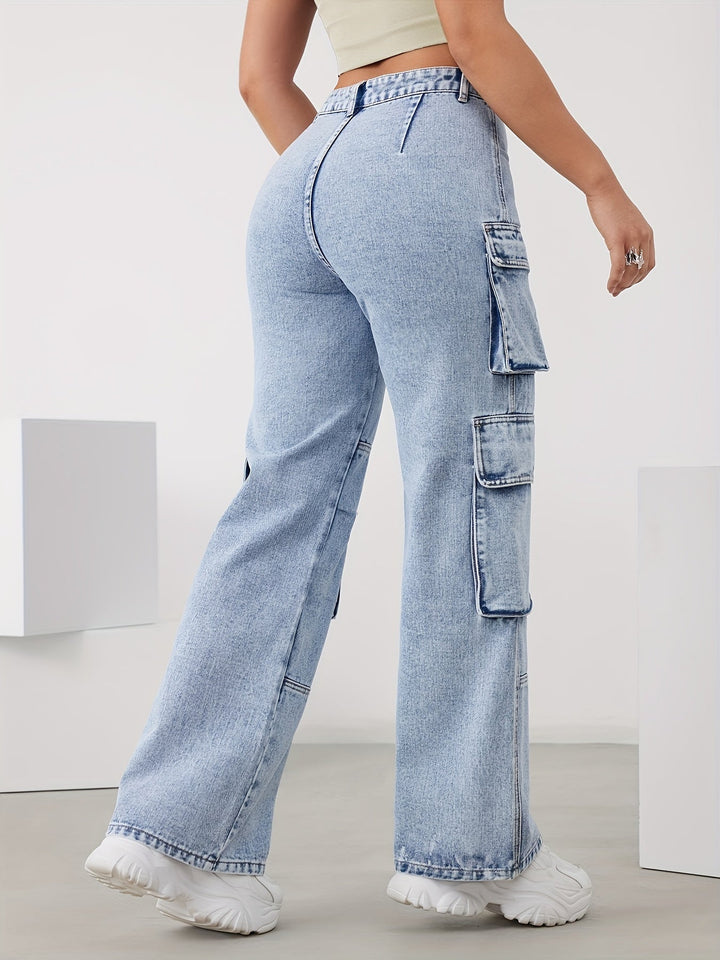 High-Waist Cargo Trousers for Women in Medium Blue, Stretch Fabric, Straight-Leg Fit, Stylish Snowflake Design