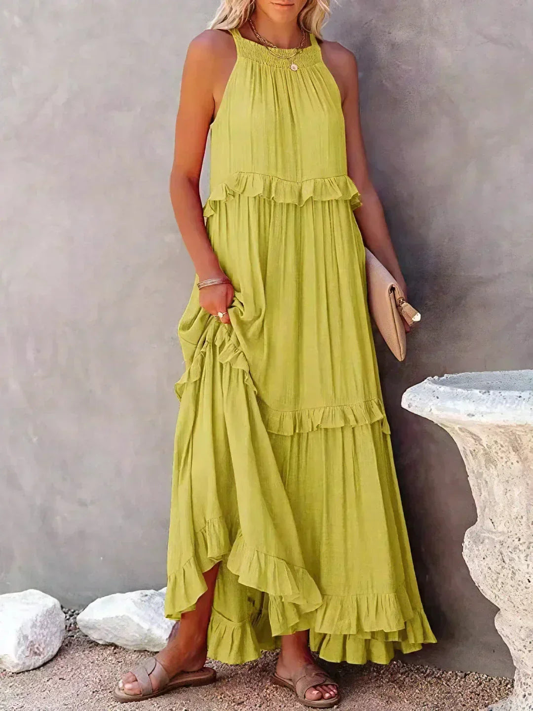 Elegant Halter Ruffle Floral Maxi Dress for Women, Lightweight Bohemian Long Dress, Flowing Fit