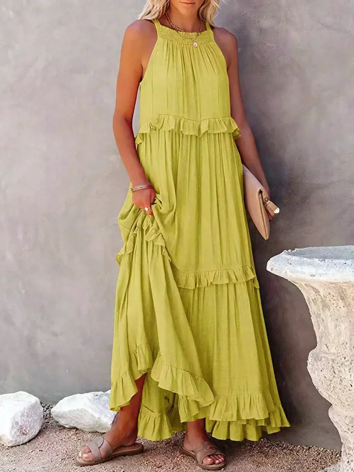 Elegant Halter Ruffle Floral Maxi Dress for Women, Lightweight Bohemian Long Dress, Flowing Fit