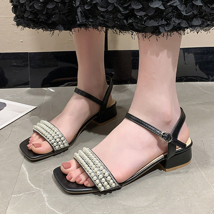 Lightweight Women’s Sandals - Mid-Heel Square Toe, Pearl-Embellished Straps, PU, For Summer