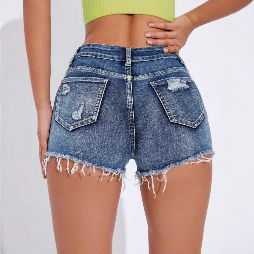 Durable Women’s Denim Shorts - High-Rise, Distressed, Raw-Edge, Denim, Casual Wear