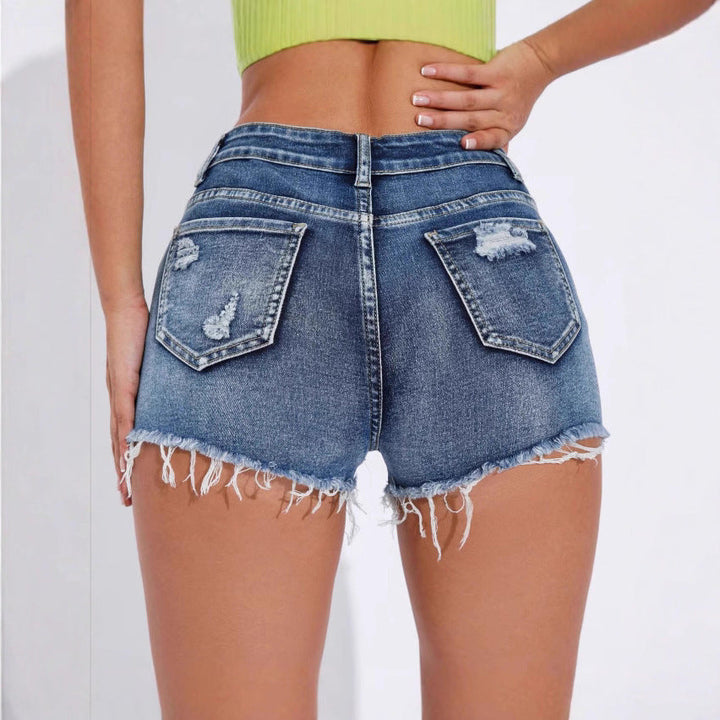 Durable Women’s Denim Shorts - High-Rise, Distressed, Raw-Edge, Denim, Casual Wear